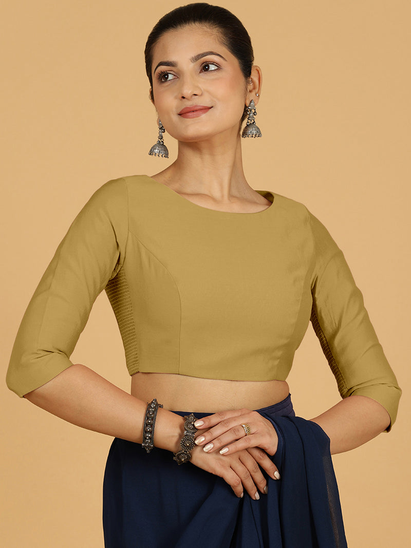 Tamanna x Rozaana | Three Quarter Sleeves Saree Blouse in Dijon Mustard-Binks