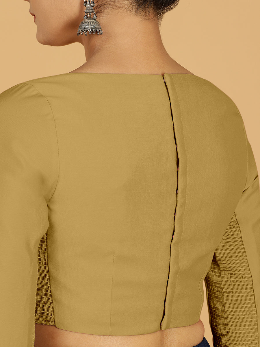 Tamanna x Rozaana Saree Blouse, in Yellow Viscose, featuring three quarter sleeves and boat neckline, made for daily & work.
