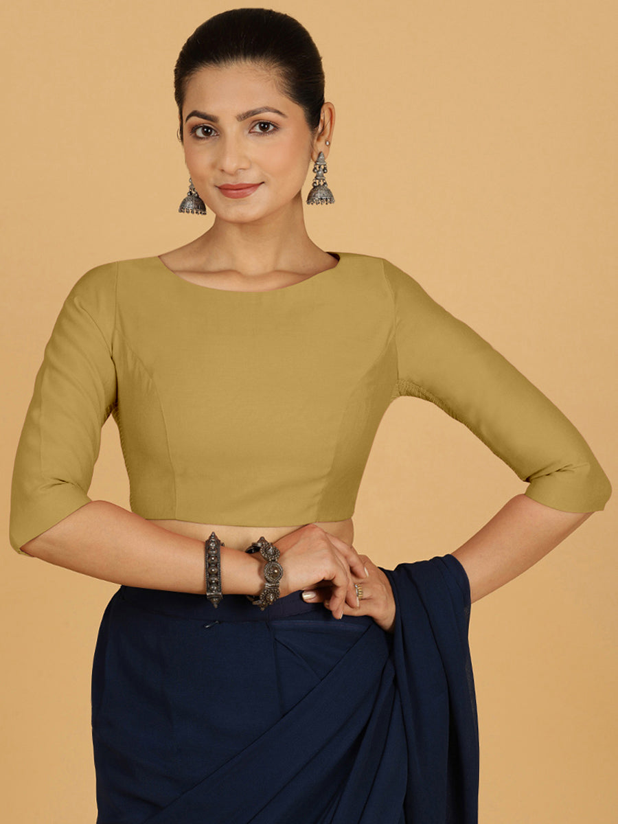 Tamanna x Rozaana Saree Blouse, in Yellow Viscose, featuring three quarter sleeves and boat neckline, made for daily & work.
