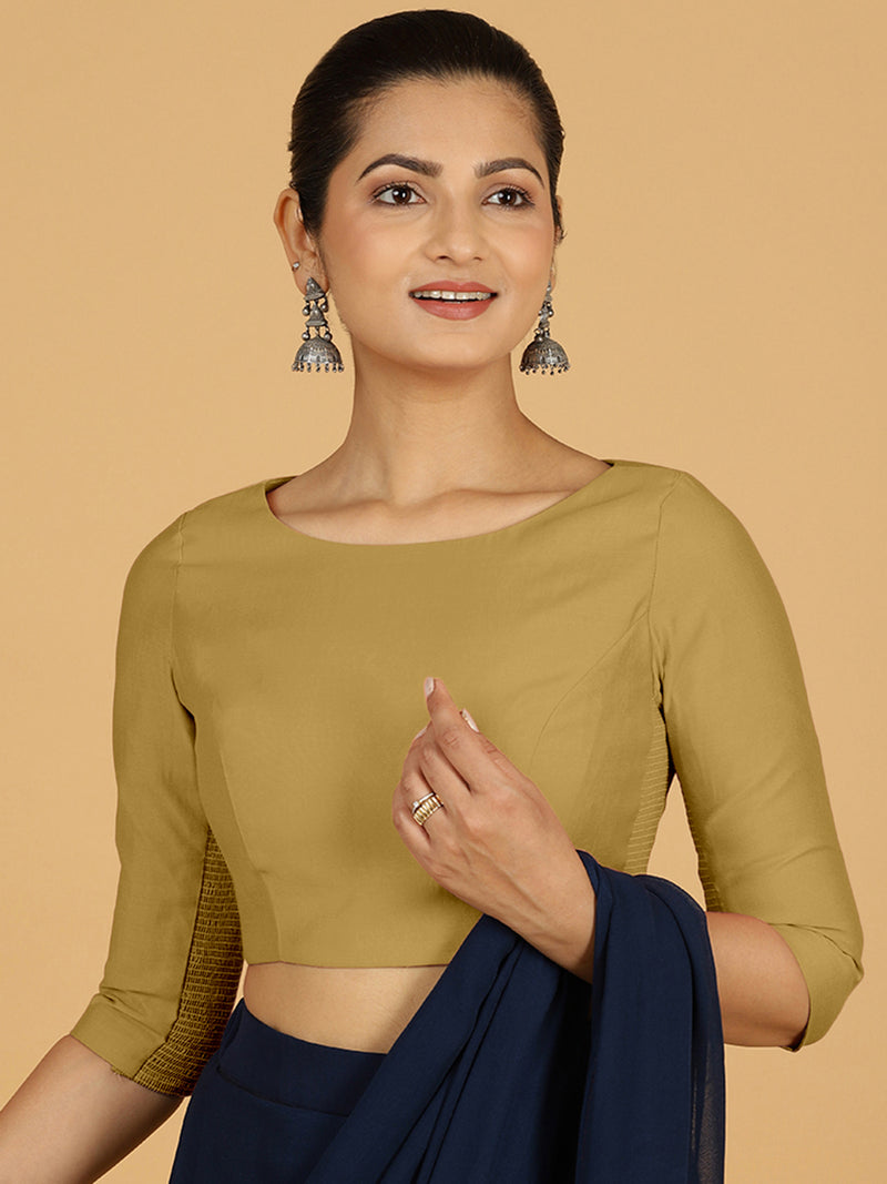 Tamanna x Rozaana | Three Quarter Sleeves Saree Blouse in Dijon Mustard-Binks