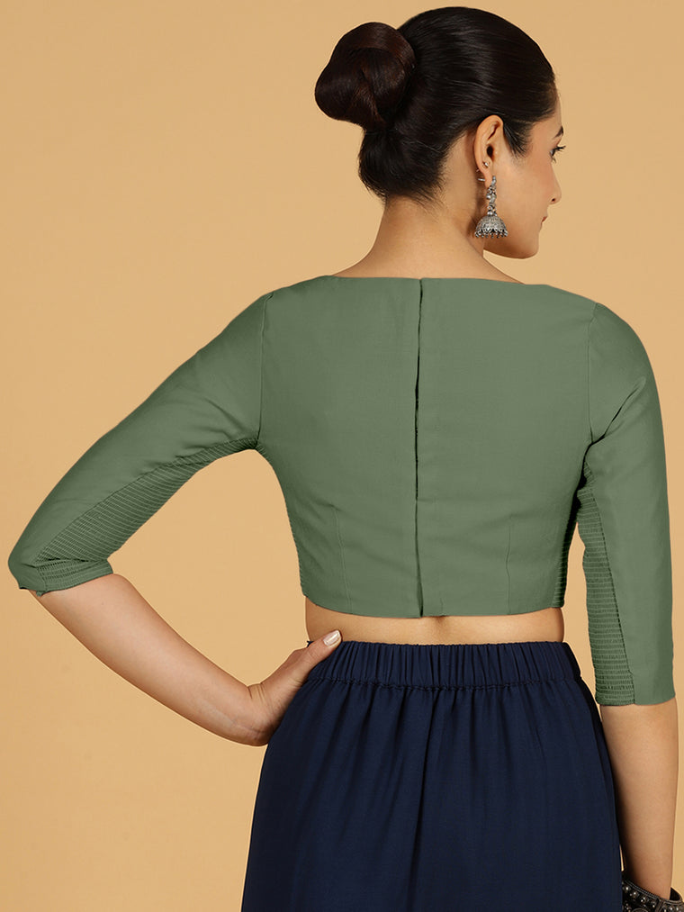 Tamanna x Rozaana Saree Blouse, in Green Viscose, featuring three quarter sleeves and boat neckline, made for daily & work.