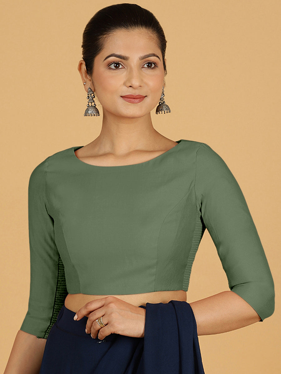 Tamanna x Rozaana Saree Blouse, in Green Viscose, featuring three quarter sleeves and boat neckline, made for daily & work.