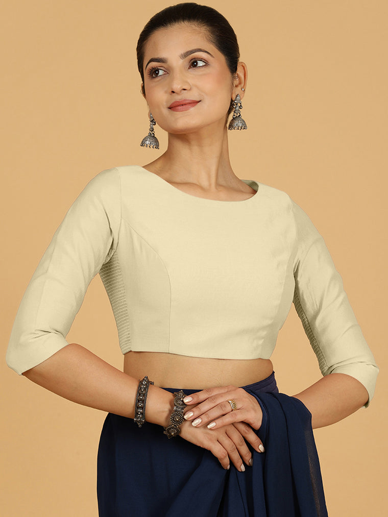 Tamanna x Rozaana Saree Blouse, in White Viscose, featuring three quarter sleeves and boat neckline, made for daily & work.