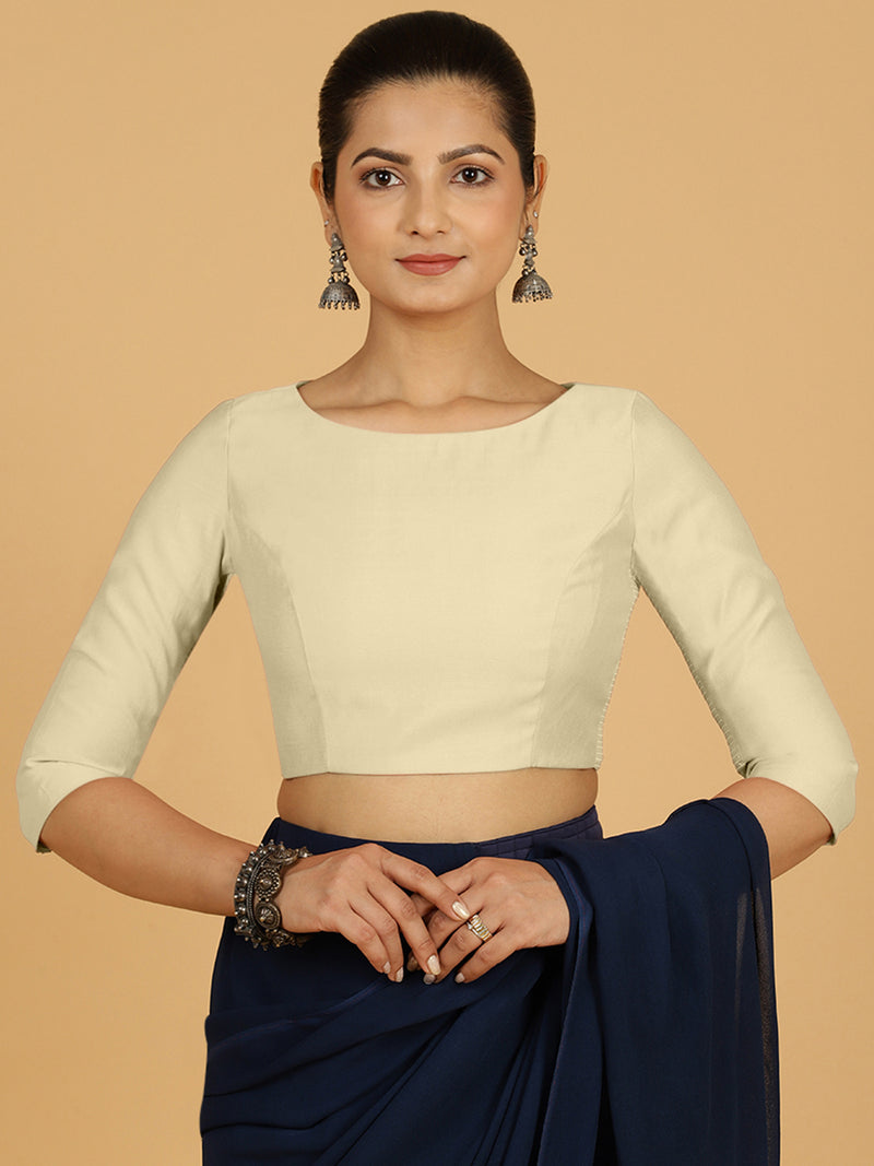 Tamanna x Rozaana | Three Quarter Sleeves Saree Blouse in Ivory-Binks