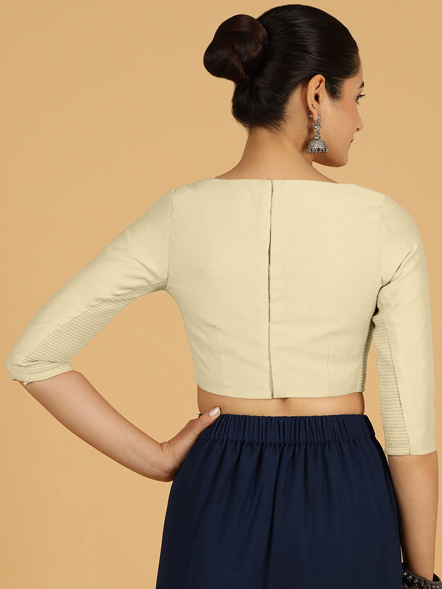 Tamanna x Rozaana Saree Blouse, in White Viscose, featuring three quarter sleeves and boat neckline, made for daily & work.