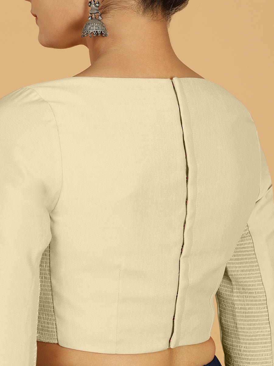 Tamanna x Rozaana Saree Blouse, in White Viscose, featuring three quarter sleeves and boat neckline, made for daily & work.
