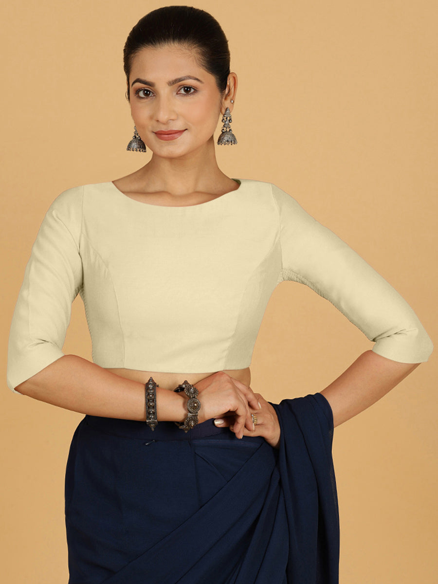 Tamanna x Rozaana Saree Blouse, in White Viscose, featuring three quarter sleeves and boat neckline, made for daily & work.