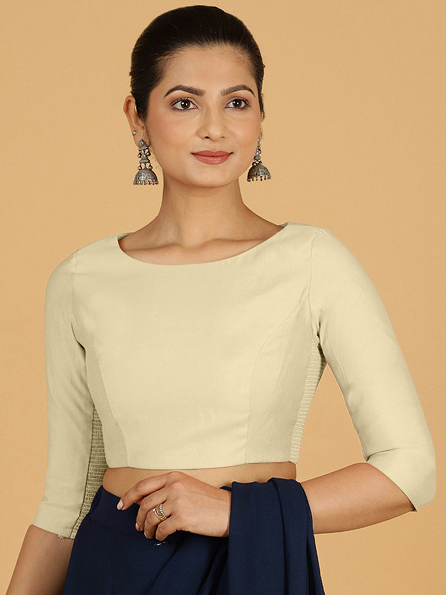 Tamanna x Rozaana Saree Blouse, in White Viscose, featuring three quarter sleeves and boat neckline, made for daily & work.