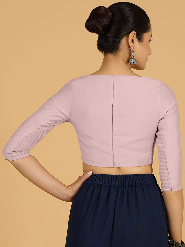 Tamanna x Rozaana Saree Blouse, in Pink Viscose, featuring three quarter sleeves and boat neckline, made for daily & work.