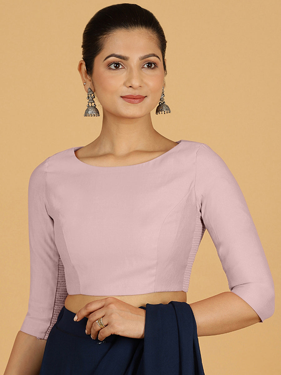 Tamanna x Rozaana Saree Blouse, in Pink Viscose, featuring three quarter sleeves and boat neckline, made for daily & work.