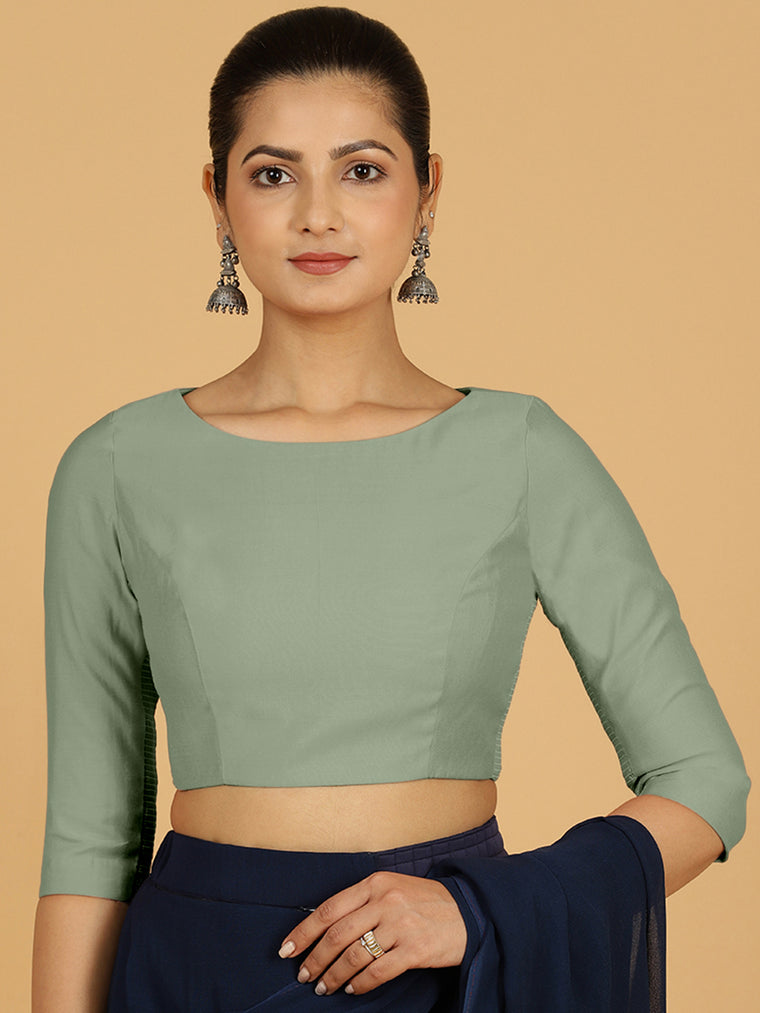 Tamanna x Rozaana Saree Blouse, in Green Viscose, featuring three quarter sleeves and boat neckline, made for daily & work.