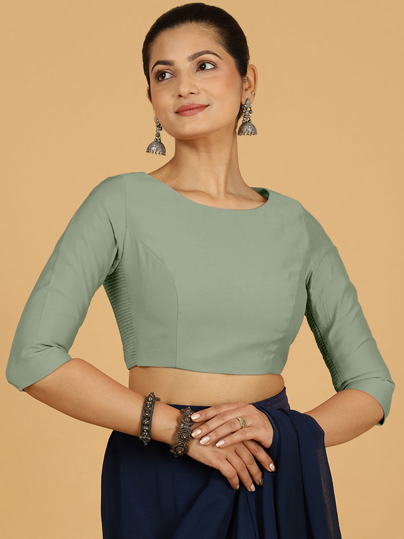 Tamanna x Rozaana | Three Quarter Sleeves Saree Blouse in Mint Green-Binks