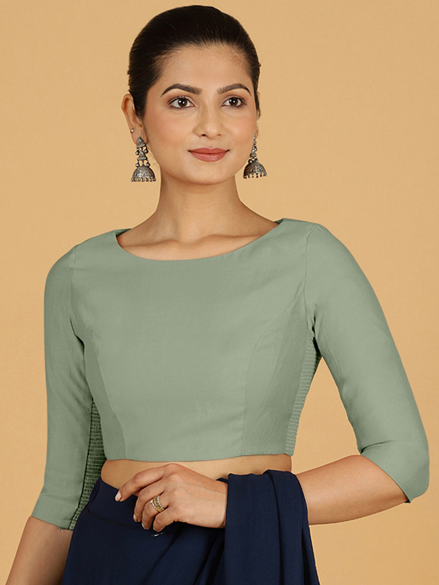 Tamanna x Rozaana Saree Blouse, in Green Viscose, featuring three quarter sleeves and boat neckline, made for daily & work.