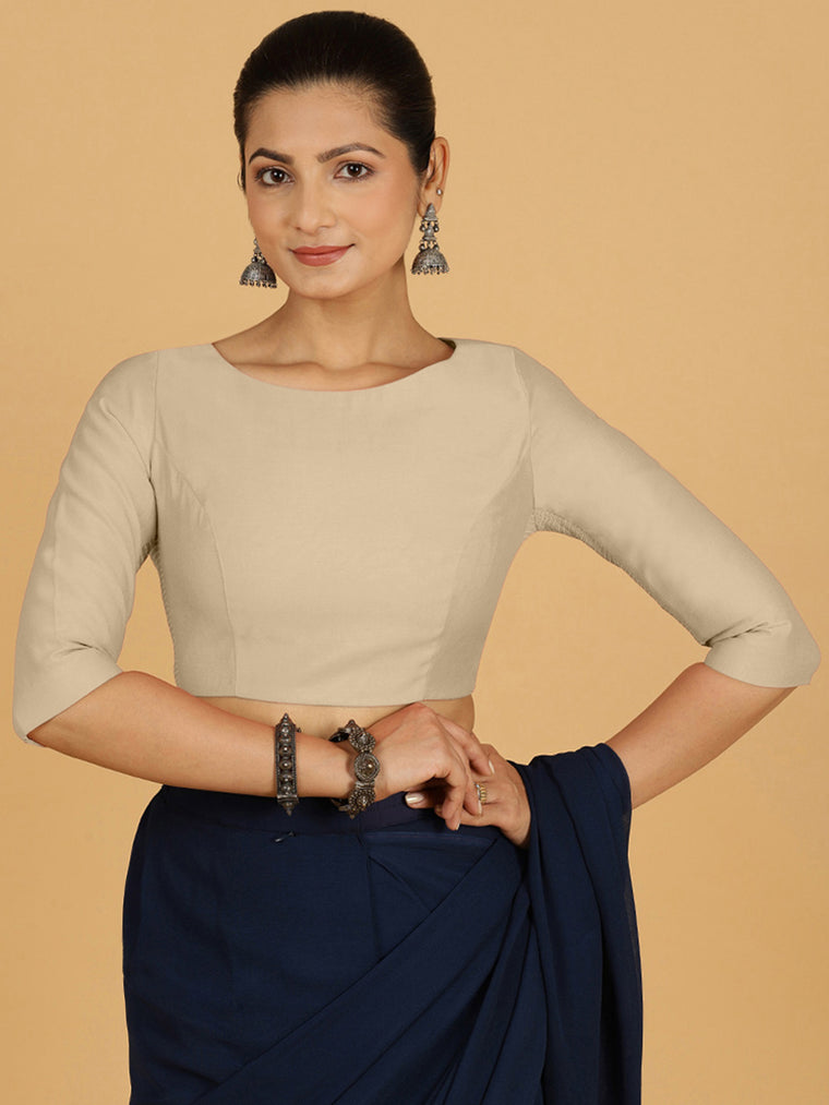 Tamanna x Rozaana Saree Blouse, in Grey Viscose, featuring three quarter sleeves and boat neckline, made for daily & work.