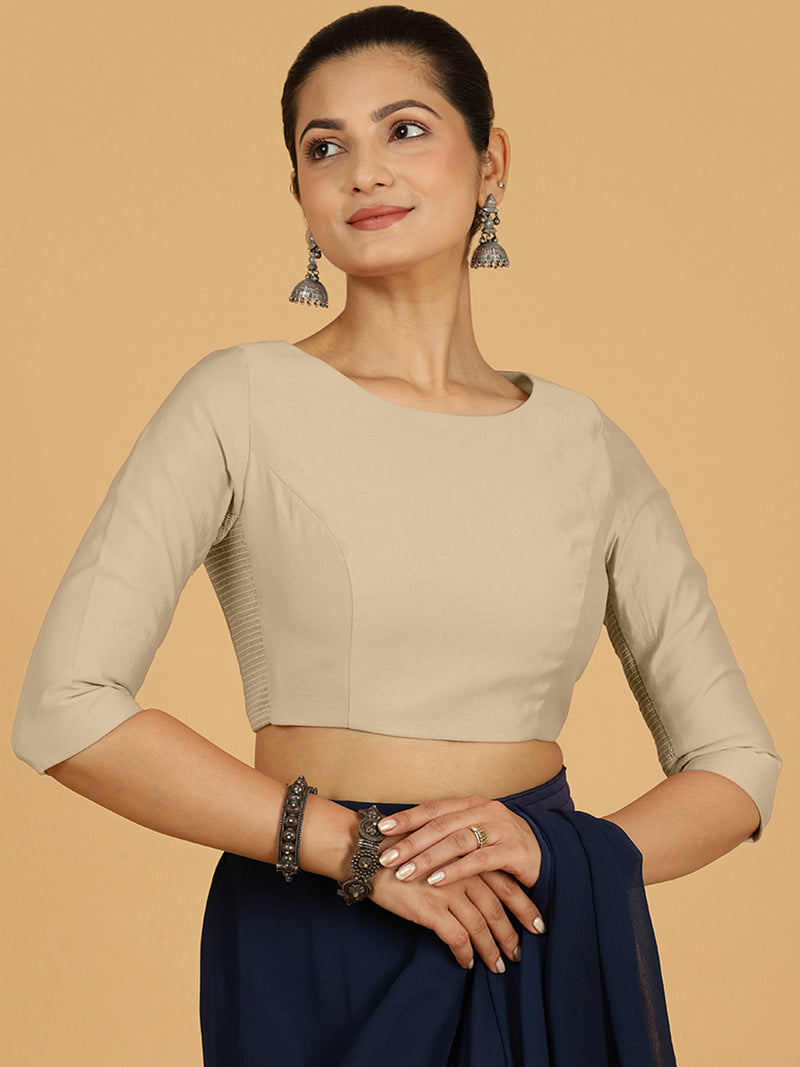 Tamanna x Rozaana | Three Quarter Sleeves Saree Blouse in Oyster Grey-Binks