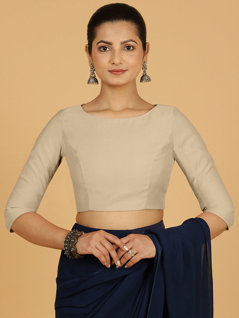 Tamanna x Rozaana | Three Quarter Sleeves Saree Blouse in Oyster Grey-Binks
