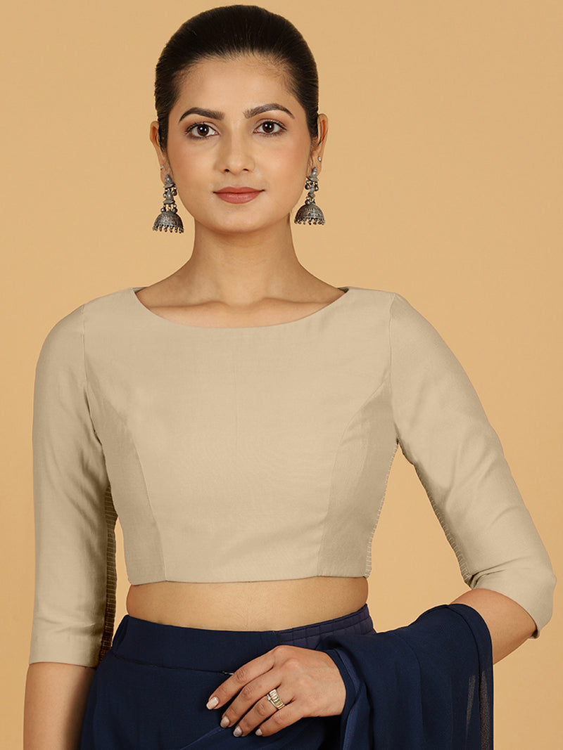 Tamanna x Rozaana | Three Quarter Sleeves Saree Blouse in Oyster Grey-Binks