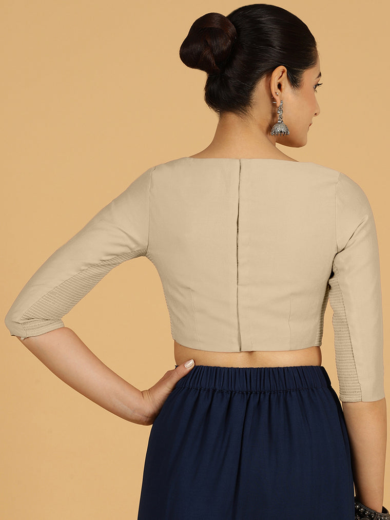Tamanna x Rozaana Saree Blouse, in Grey Viscose, featuring three quarter sleeves and boat neckline, made for daily & work.