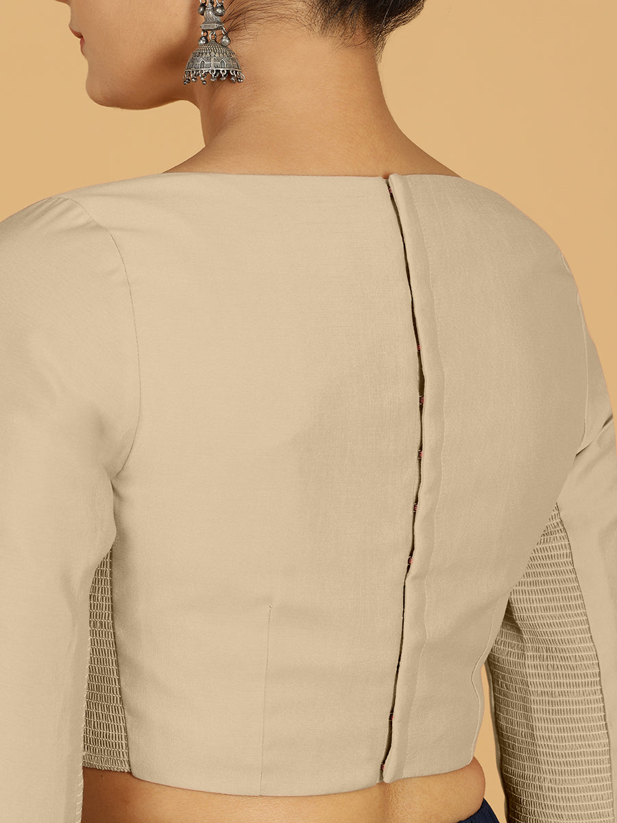 Tamanna x Rozaana Saree Blouse, in Grey Viscose, featuring three quarter sleeves and boat neckline, made for daily & work.