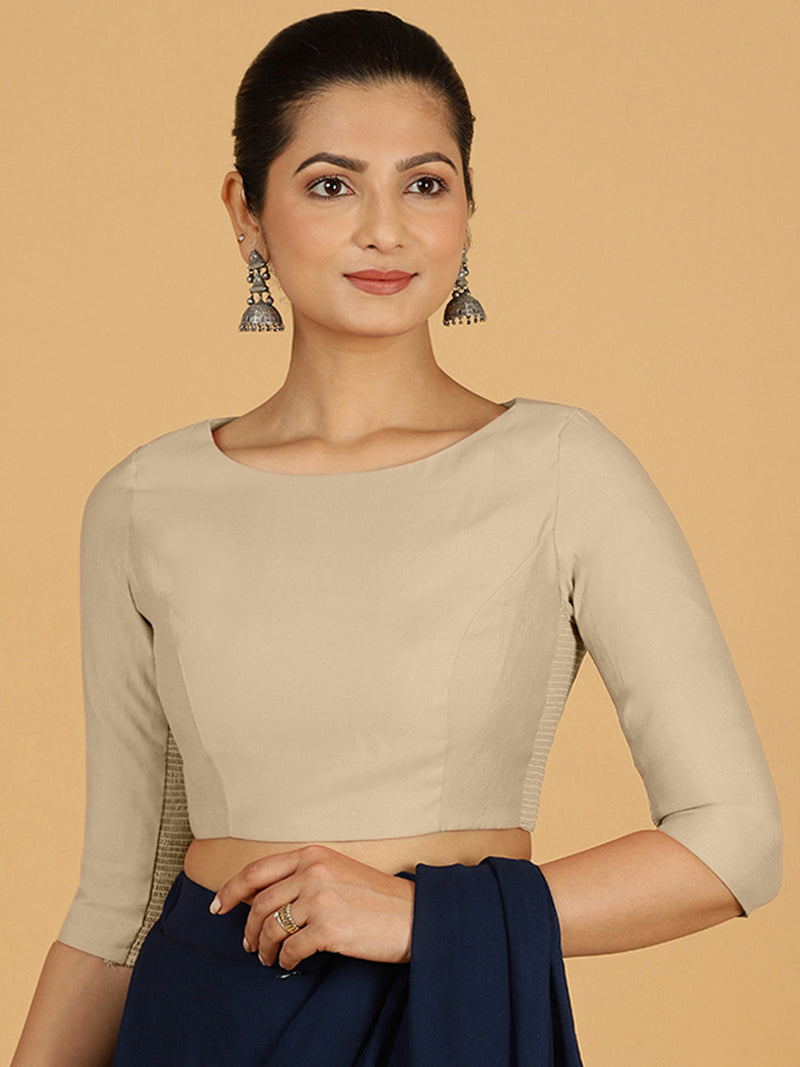 Tamanna x Rozaana | Three Quarter Sleeves Saree Blouse in Oyster Grey-Binks