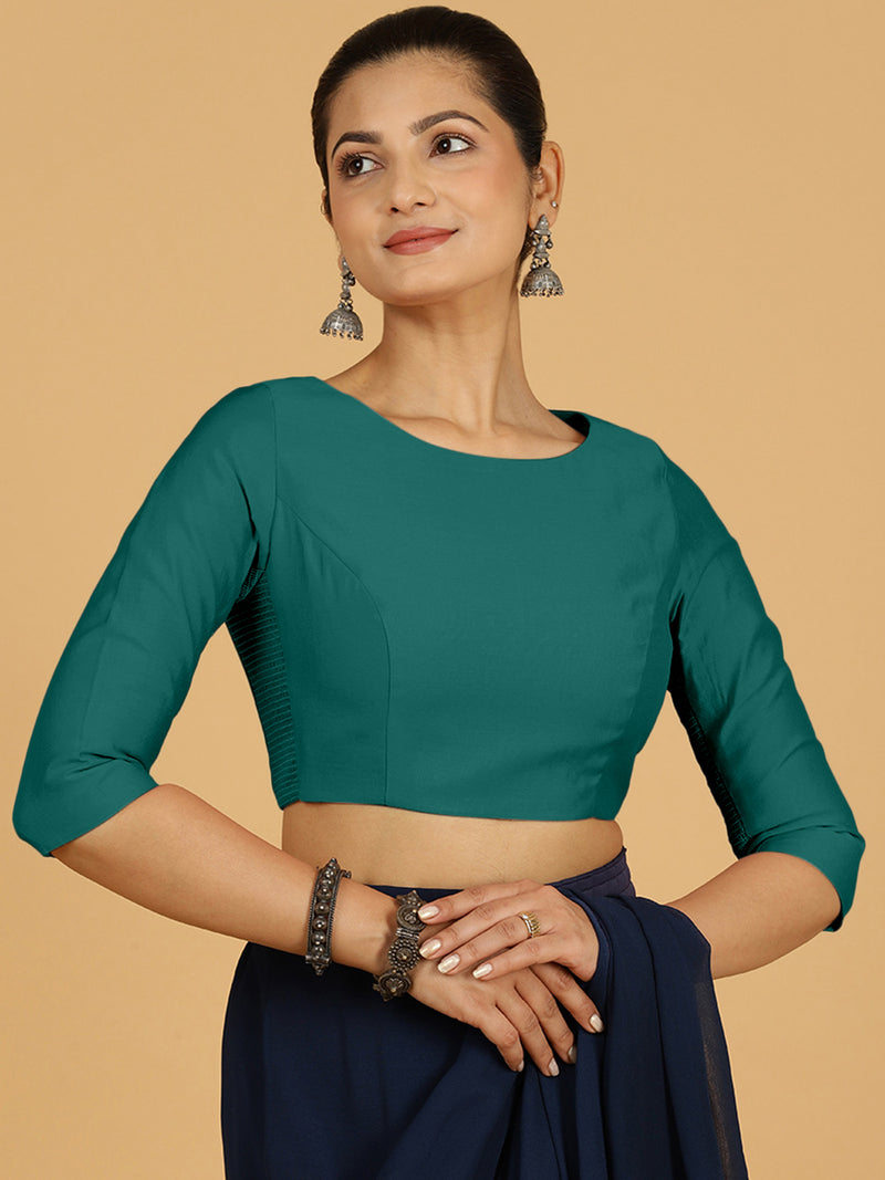 Tamanna x Rozaana | Three Quarter Sleeves Saree Blouse in Peacock Green-Binks