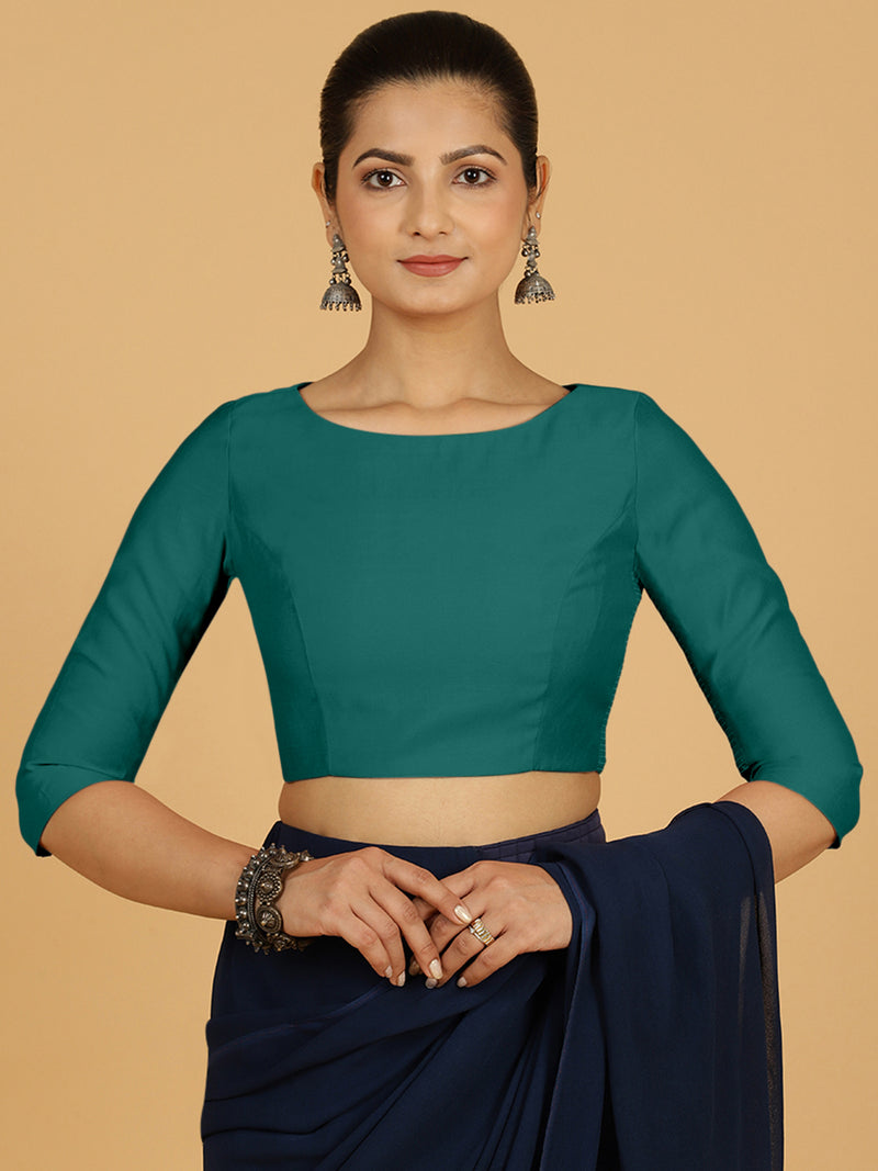 Tamanna x Rozaana | Three Quarter Sleeves Saree Blouse in Peacock Green-Binks
