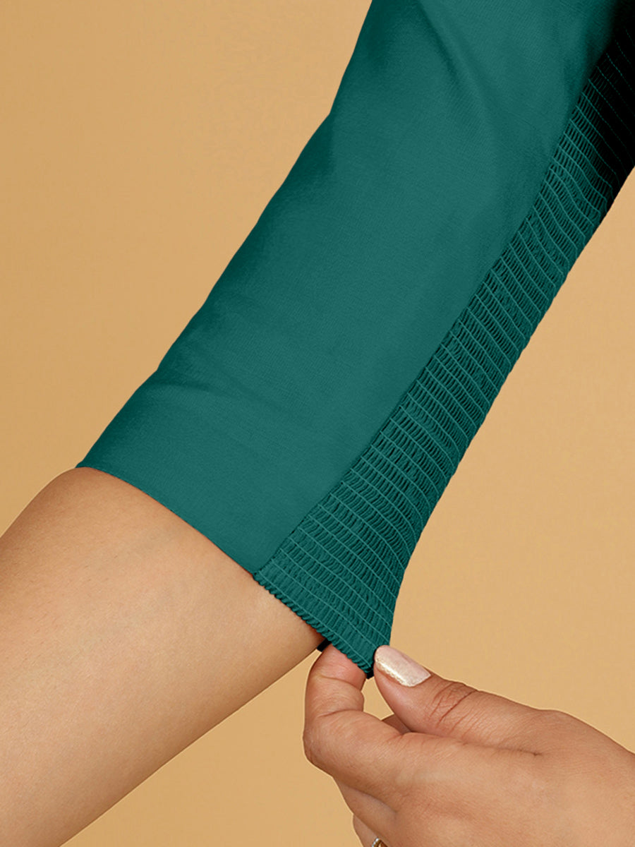 Tamanna x Rozaana Saree Blouse, in Green Viscose, featuring three quarter sleeves and boat neckline, made for daily & work.
