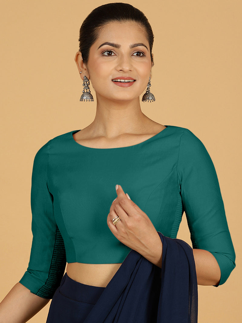 Tamanna x Rozaana | Three Quarter Sleeves Saree Blouse in Peacock Green-Binks