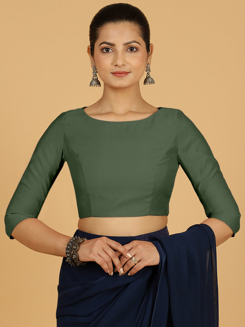 Tamanna x Rozaana | Three Quarter Sleeves Saree Blouse in Pine Green-Binks