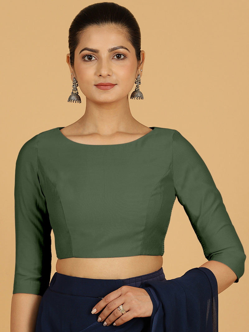 Tamanna x Rozaana | Three Quarter Sleeves Saree Blouse in Pine Green-Binks