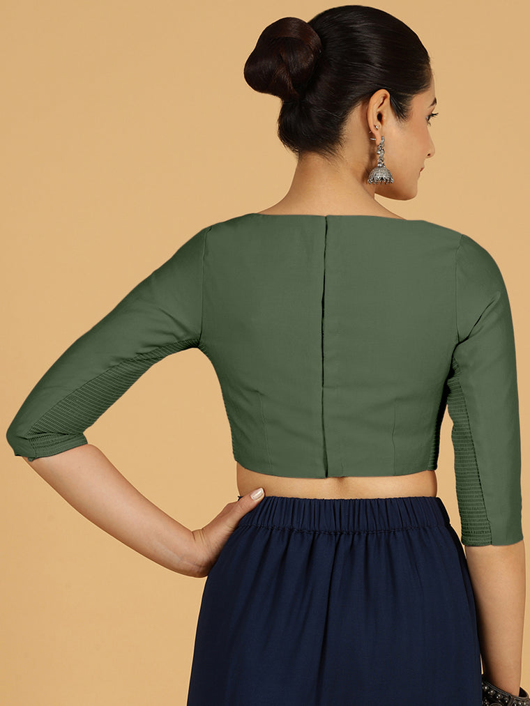 Tamanna x Rozaana Saree Blouse, in Green Viscose, featuring three quarter sleeves and boat neckline, made for daily & work.