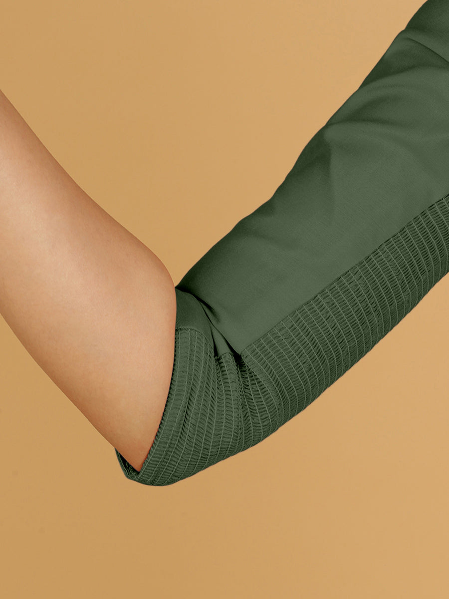 Tamanna x Rozaana Saree Blouse, in Green Viscose, featuring three quarter sleeves and boat neckline, made for daily & work.