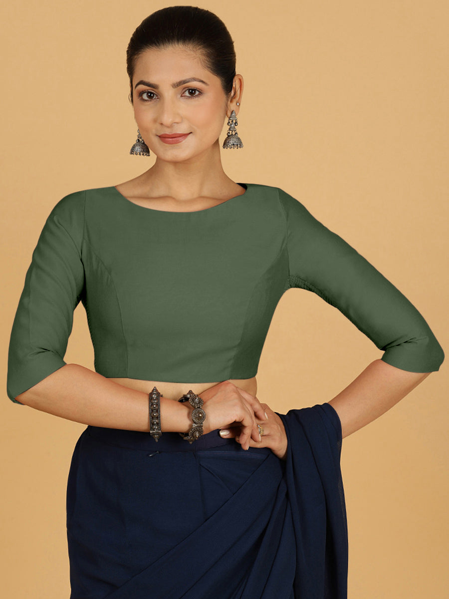 Tamanna x Rozaana Saree Blouse, in Green Viscose, featuring three quarter sleeves and boat neckline, made for daily & work.