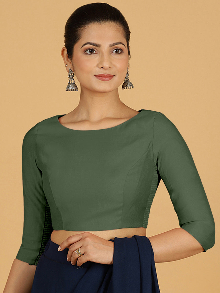 Tamanna x Rozaana Saree Blouse, in Green Viscose, featuring three quarter sleeves and boat neckline, made for daily & work.