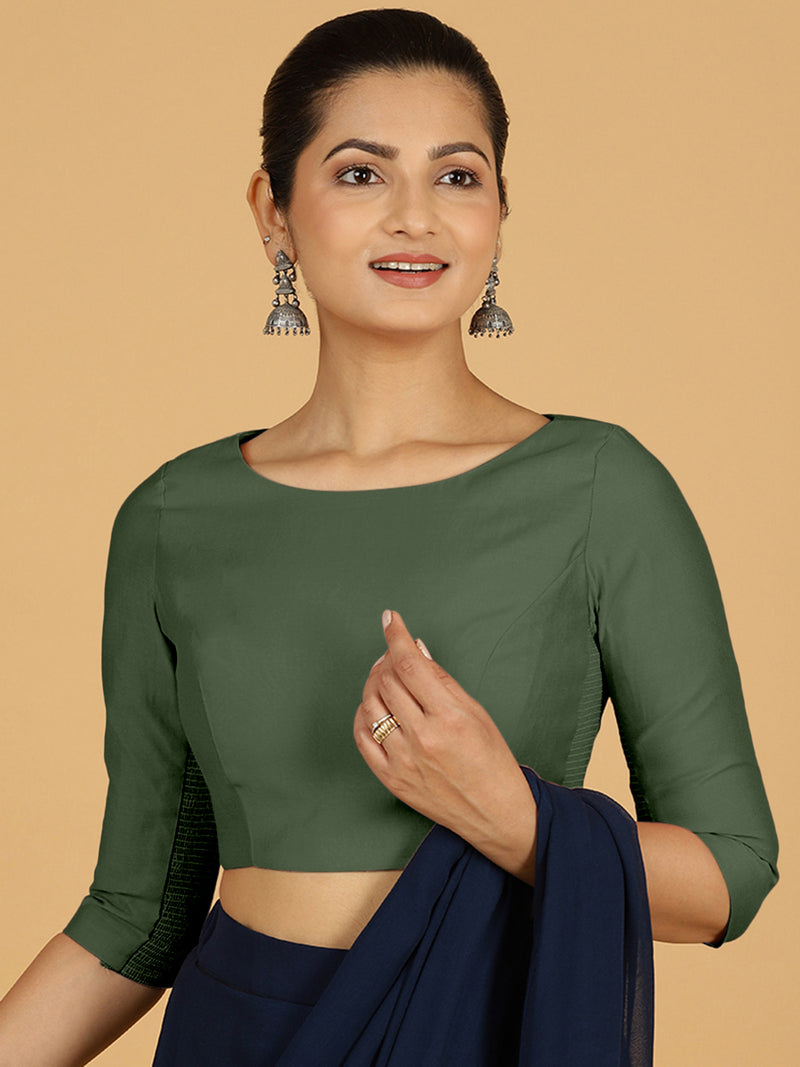 Tamanna x Rozaana | Three Quarter Sleeves Saree Blouse in Pine Green-Binks