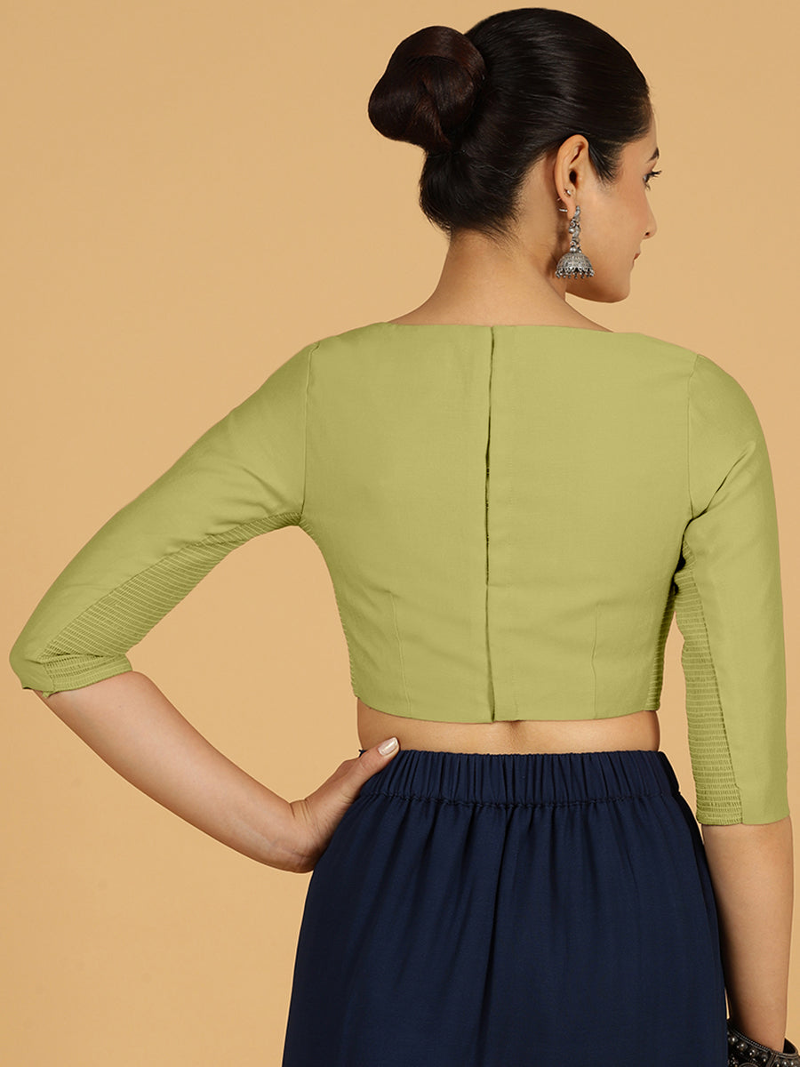Tamanna x Rozaana Saree Blouse, in Green Viscose, featuring three quarter sleeves and boat neckline, made for daily & work.