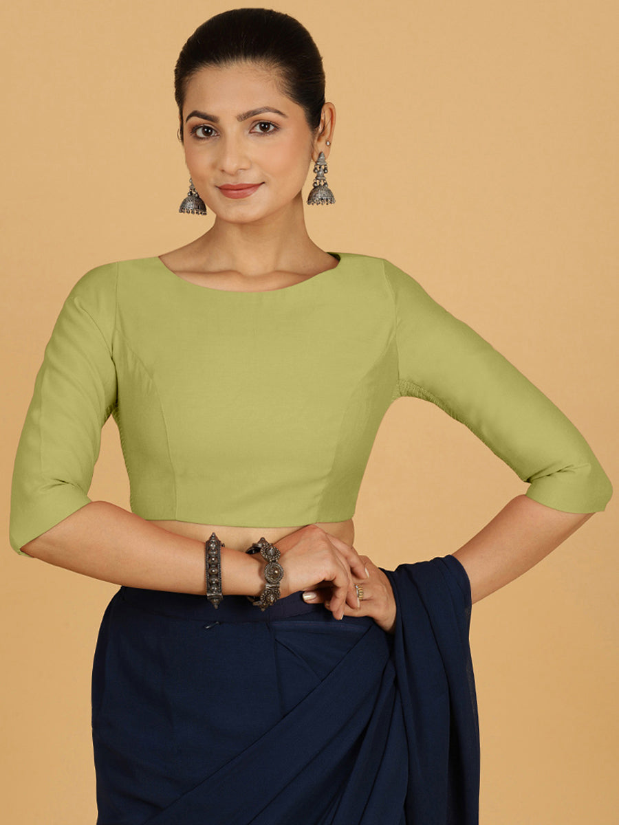 Tamanna x Rozaana Saree Blouse, in Green Viscose, featuring three quarter sleeves and boat neckline, made for daily & work.