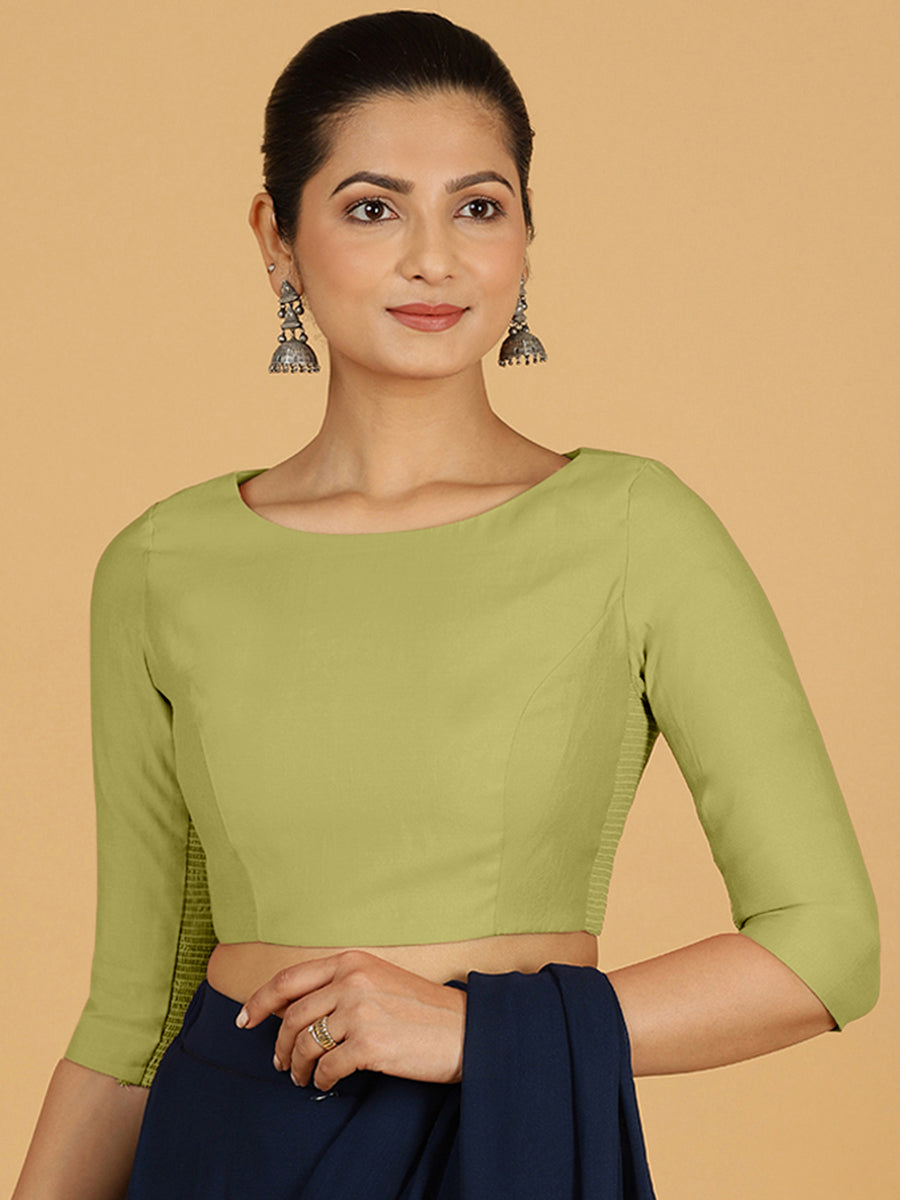 Tamanna x Rozaana Saree Blouse, in Green Viscose, featuring three quarter sleeves and boat neckline, made for daily & work.
