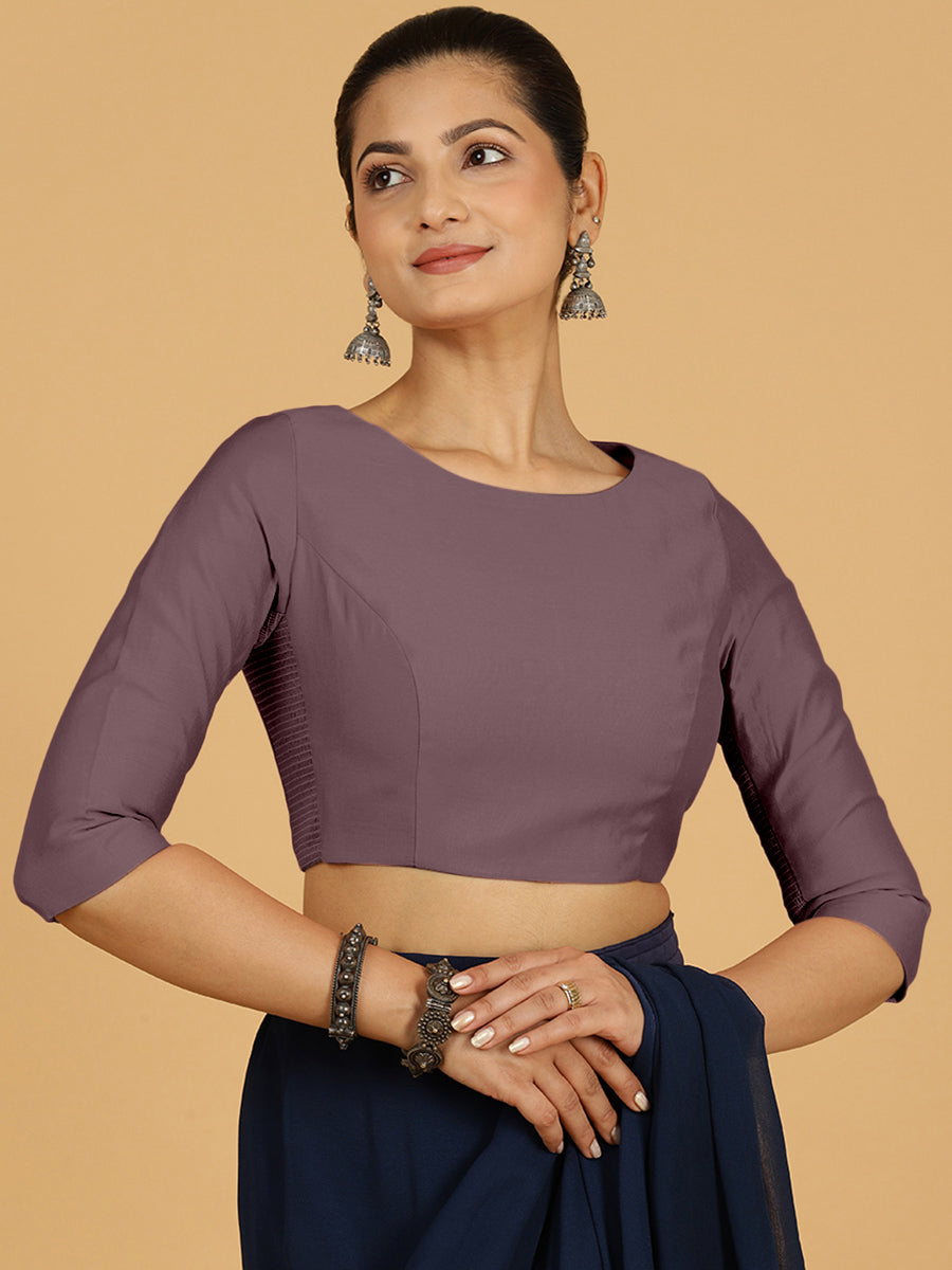 Tamanna x Rozaana Saree Blouse, in Purple Viscose, featuring three quarter sleeves and boat neckline, made for daily & work.