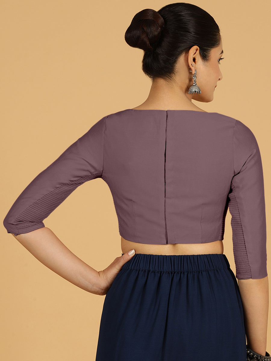 Tamanna x Rozaana Saree Blouse, in Purple Viscose, featuring three quarter sleeves and boat neckline, made for daily & work.