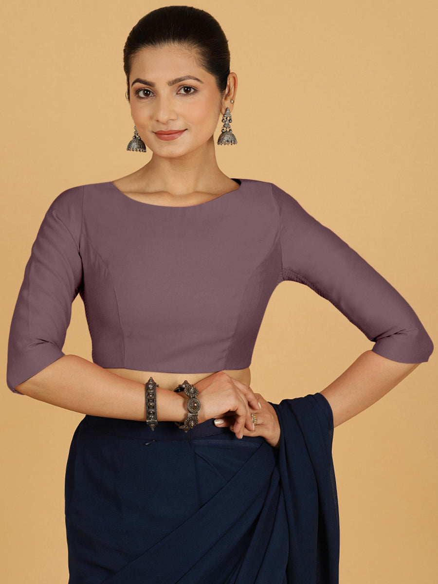 Tamanna x Rozaana Saree Blouse, in Purple Viscose, featuring three quarter sleeves and boat neckline, made for daily & work.
