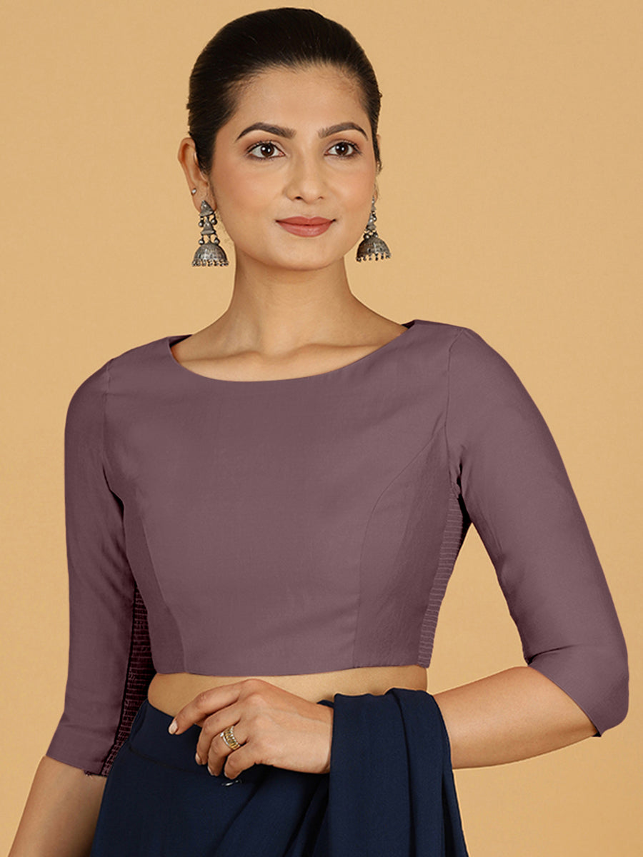 Tamanna x Rozaana Saree Blouse, in Purple Viscose, featuring three quarter sleeves and boat neckline, made for daily & work.