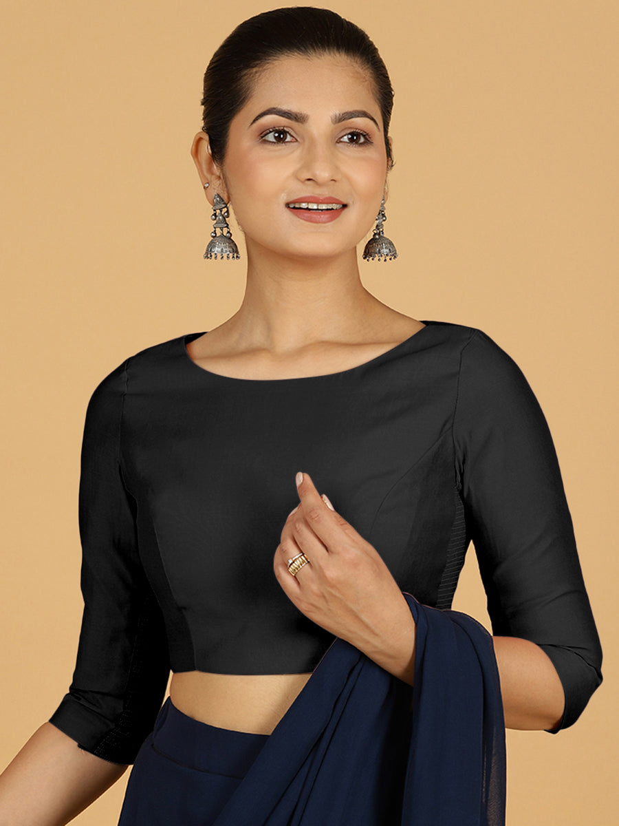 Tamanna x Rozaana Saree Blouse, in Black Viscose, featuring three quarter sleeves and boat neckline, made for daily & work.