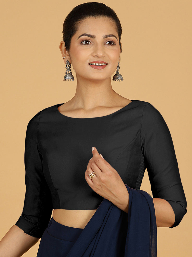 Tamanna x Rozaana | Three Quarter Sleeves Saree Blouse in Raven Black-Binks