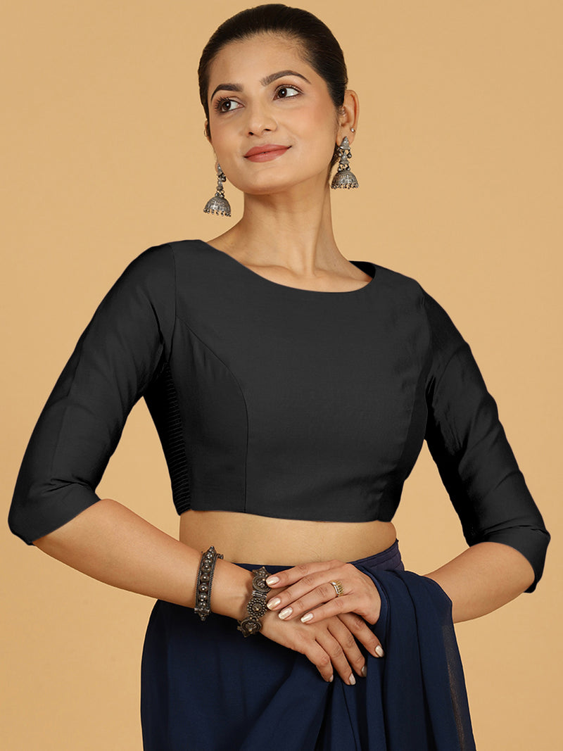 Tamanna x Rozaana | Three Quarter Sleeves Saree Blouse in Raven Black-Binks