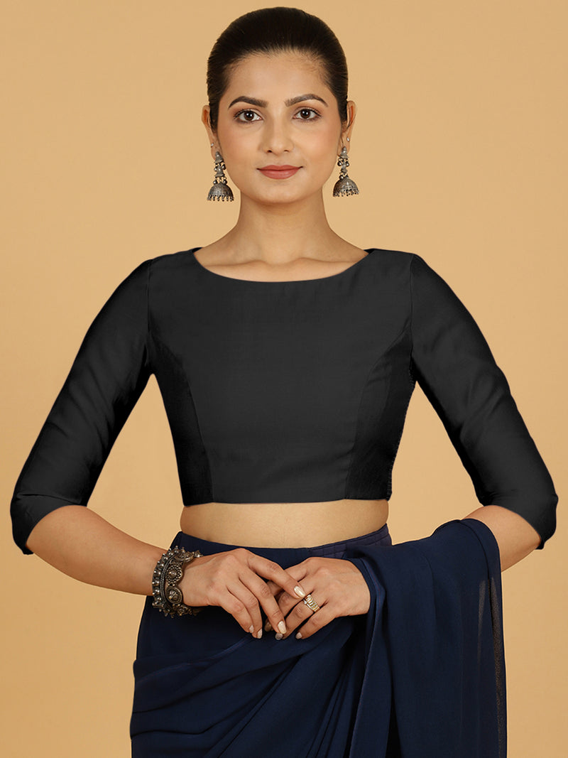 Tamanna x Rozaana | Three Quarter Sleeves Saree Blouse in Raven Black-Binks