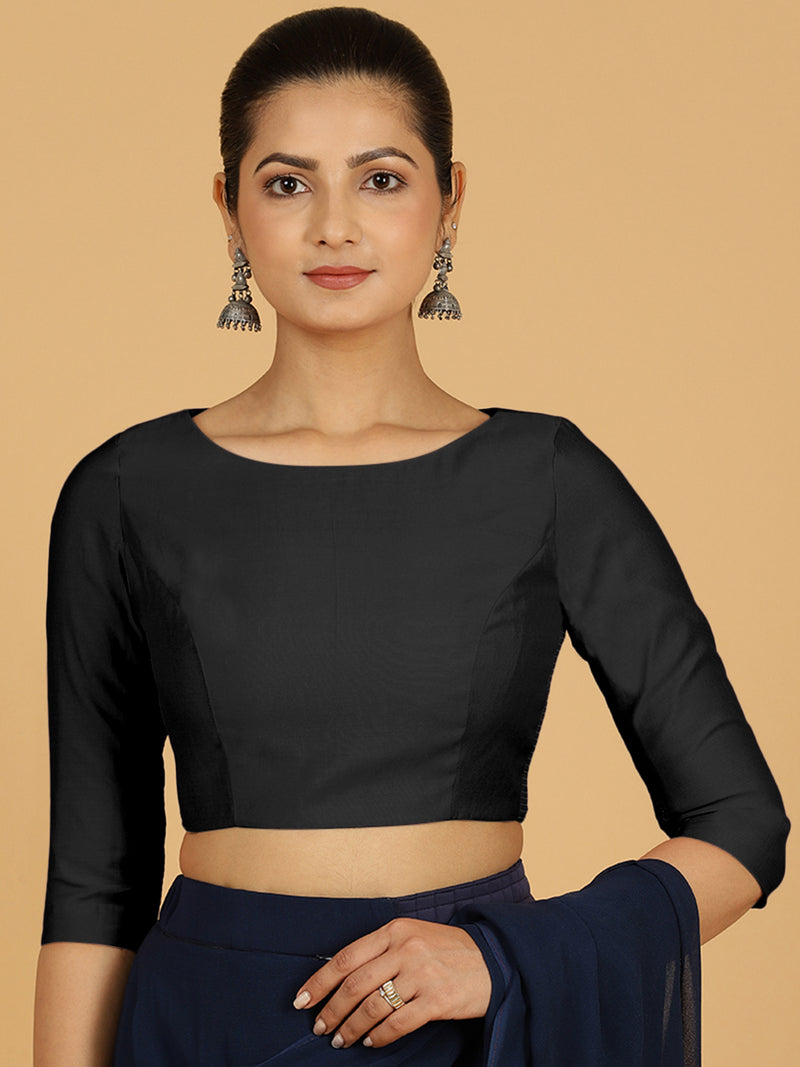 Tamanna x Rozaana | Three Quarter Sleeves Saree Blouse in Raven Black-Binks
