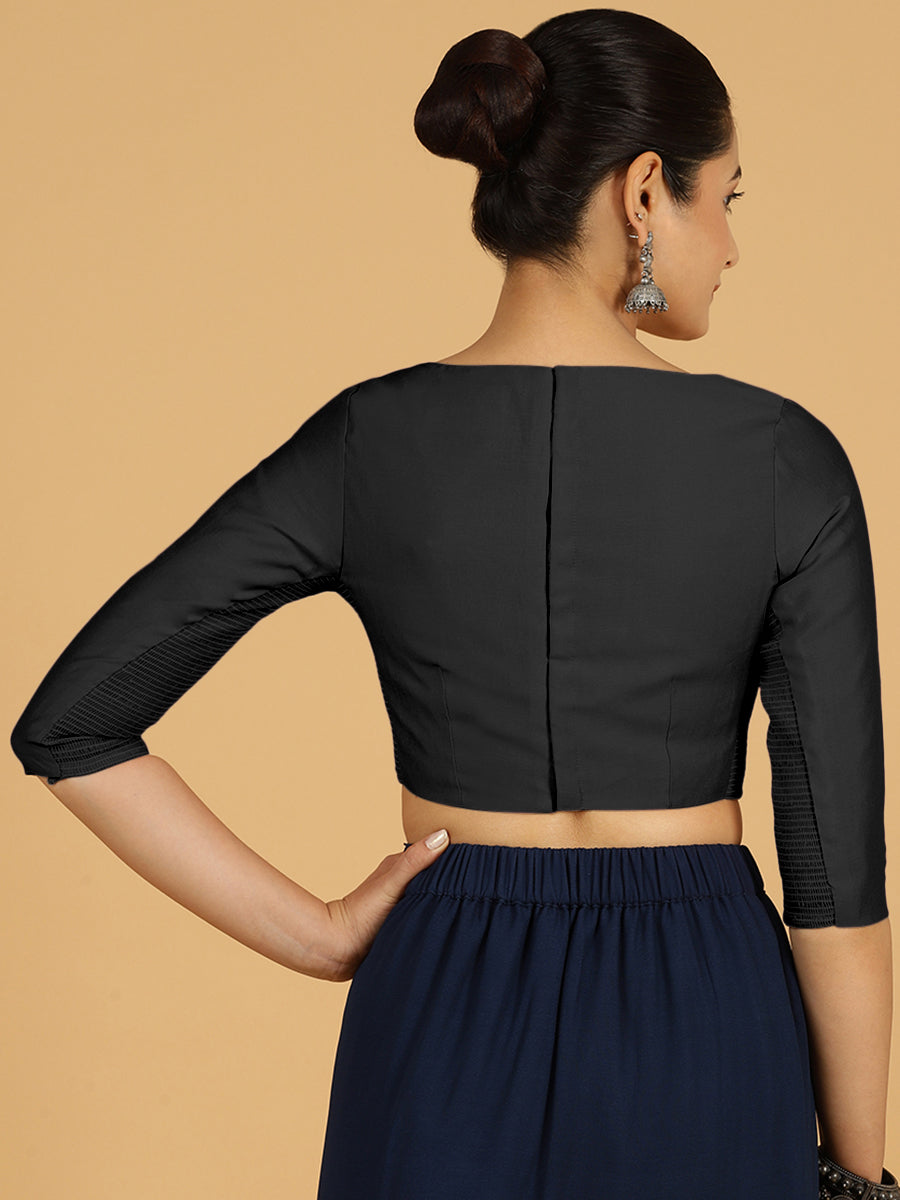 Tamanna x Rozaana Saree Blouse, in Black Viscose, featuring three quarter sleeves and boat neckline, made for daily & work.