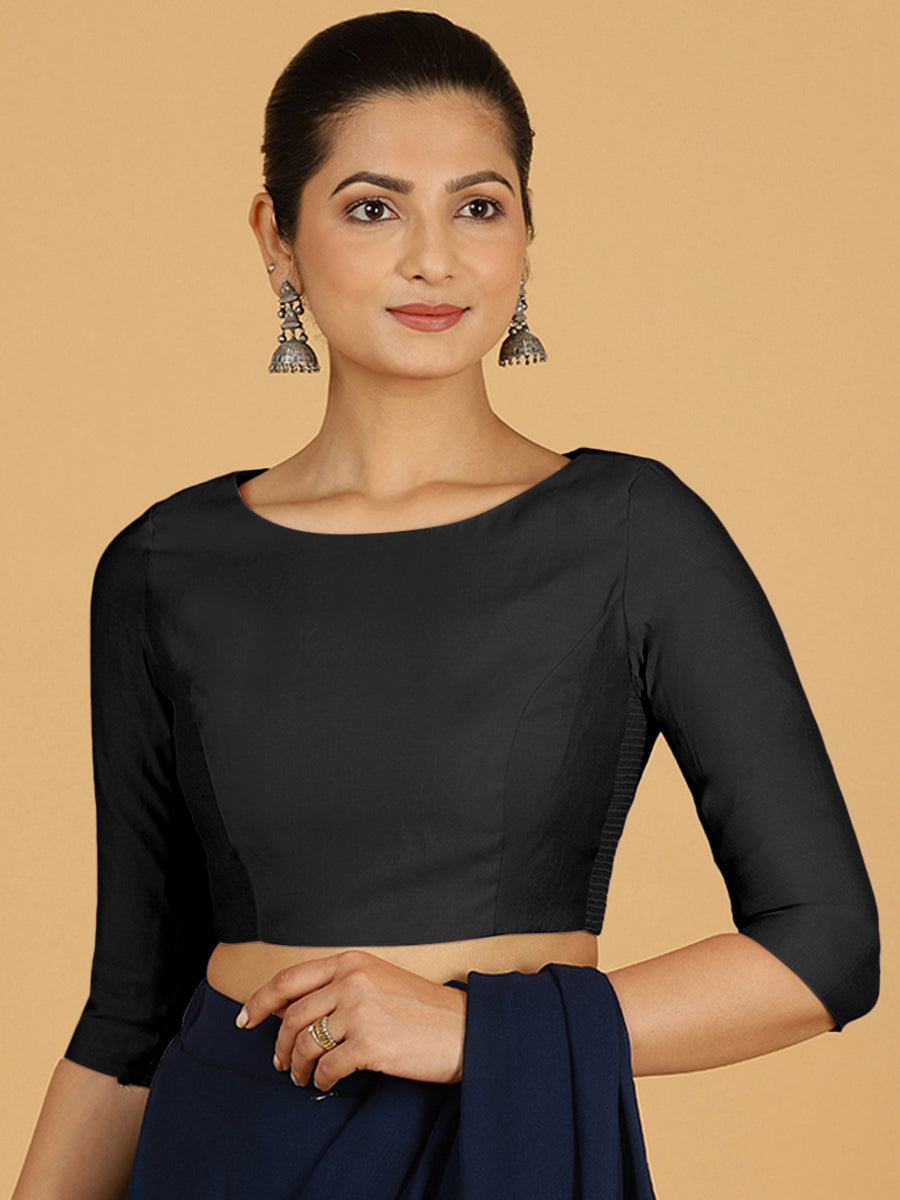 Tamanna x Rozaana Saree Blouse, in Black Viscose, featuring three quarter sleeves and boat neckline, made for daily & work.