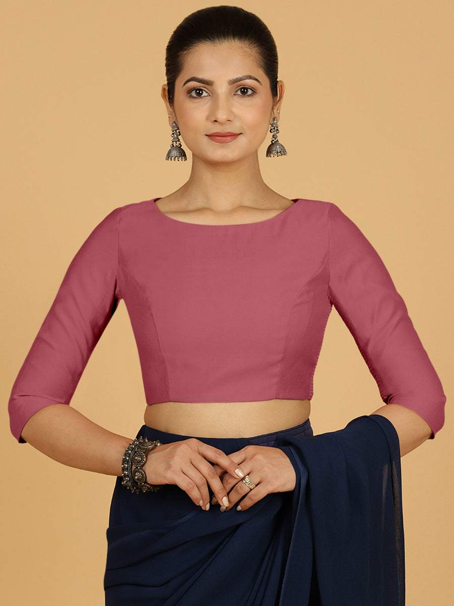 Tamanna x Rozaana Saree Blouse, in Pink Viscose, featuring three quarter sleeves and boat neckline, made for daily & work.